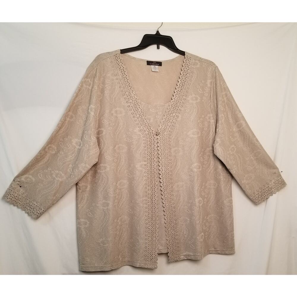 Pink Collection Beige Floral Paisley Sweater Cardigan Set Long Sleeves Size 2X